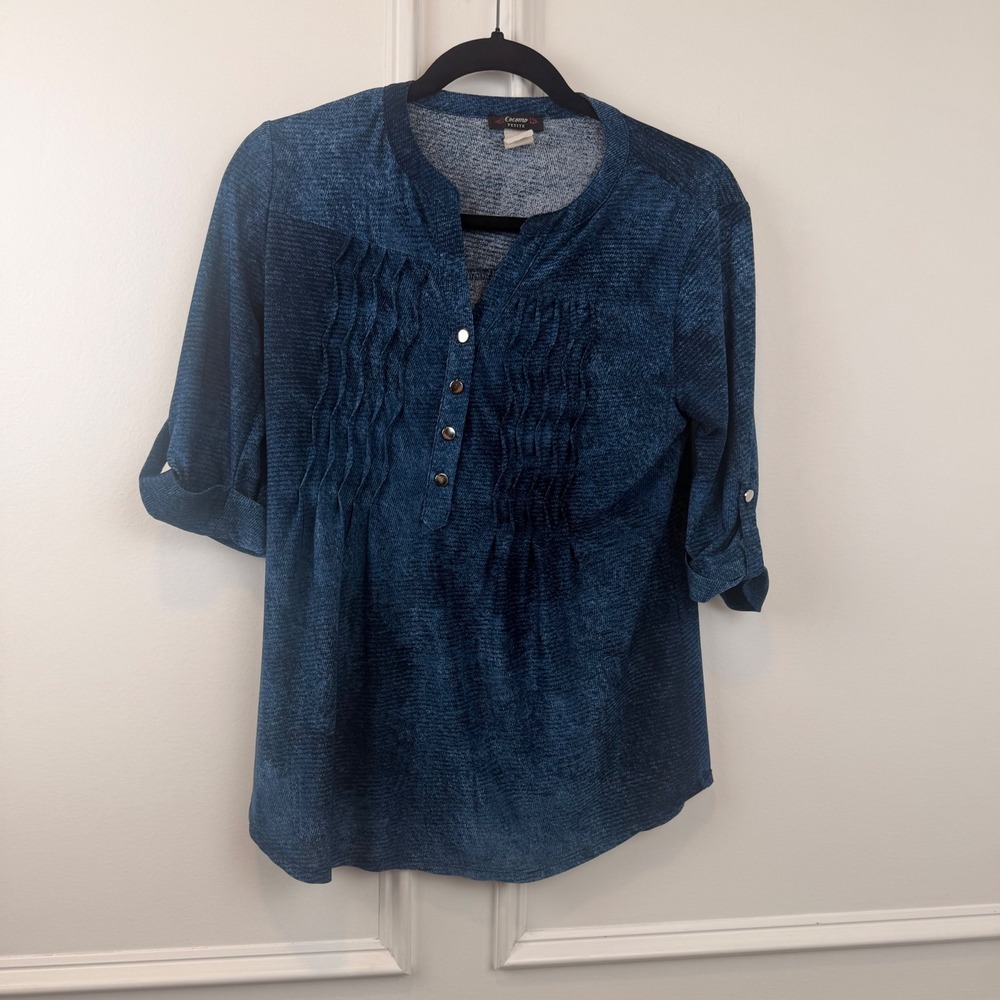 Cocomo Petite Blue Space Dye Pintuck Roll Tab Sleeve Blouse Top